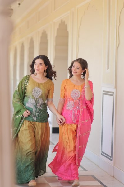  Rani Pink Glow Chinnon Sharara Suit Set with Floral Embroidery and Fancy Dupatta Ready To Wear Collection