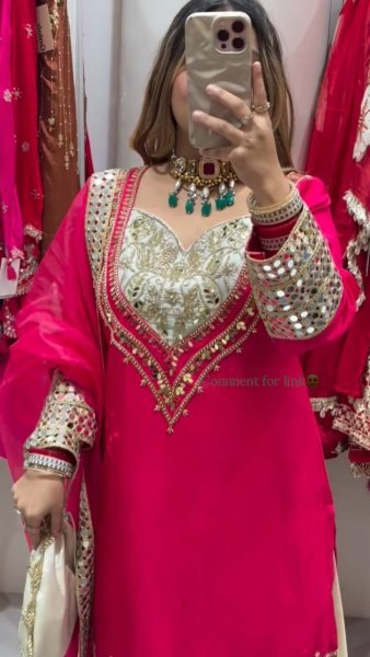 Rani Pink Hand Mirror Embroidered Crepe Suit with Dupatta Ready to Wear  Wedding Set  Ready To Wear Collection
