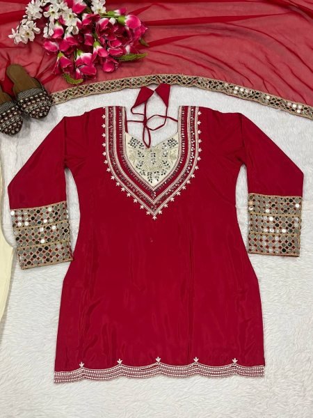 Rani Pink Hand Mirror Embroidered Crepe Suit with Dupatta Ready to Wear  Wedding Set  Ready To Wear Collection