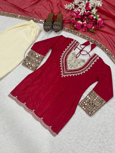 Rani Pink Hand Mirror Embroidered Crepe Suit with Dupatta Ready to Wear  Wedding Set  Ready To Wear Collection