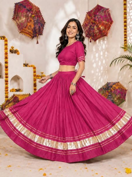 Rani Pink Heavy Rayon Cotton Fully Stitched Chaniya with Gold Lace Detailing for Festive Wear  Lehenga