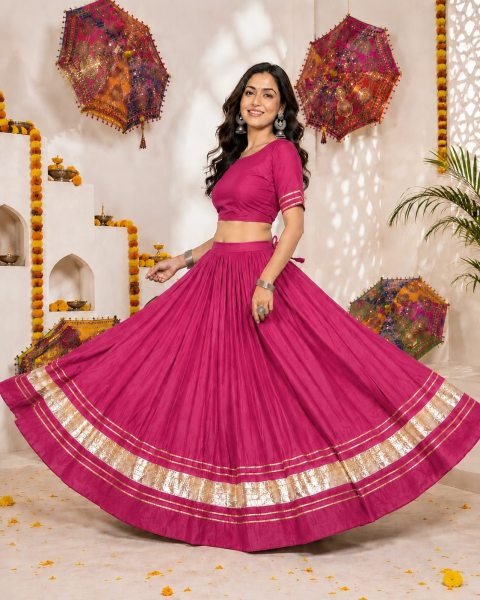 Rani Pink Heavy Rayon Cotton Fully Stitched Chaniya with Gold Lace Detailing for Festive Wear Navratri Lehnega Choli