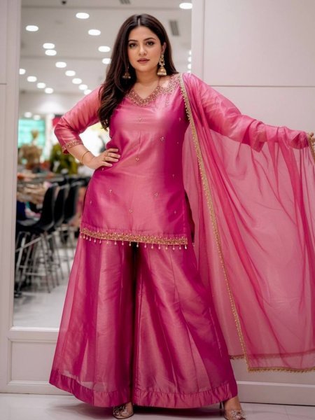 Rani Pink Heritage Core Heavy Stylish Zari Embroidered Work Kurti With Trend Women Plazzo And Lace Work Dupatta Ready To Wear Suit