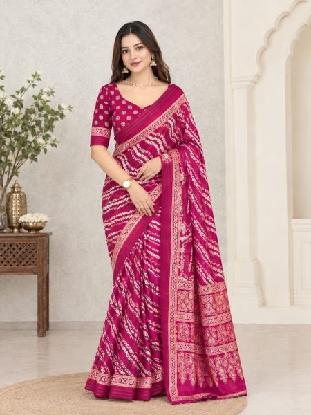 Rani Pink Leheriya Printed Cotton Slub Saree with Running Blouse at Wholesale Rate  Sarees 