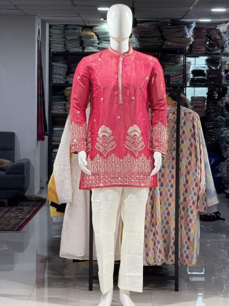 Rani Pink Men s Ethnic Kurta Pant with Heavy Pearl and Beads Work 
