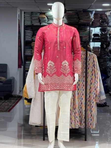 Rani Pink Men s Ethnic Kurta Pant with Heavy Pearl and Beads Work Kurta Pajama Wholesale