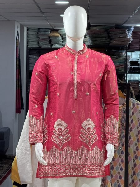 Rani Pink Men s Ethnic Kurta Pant with Heavy Pearl and Beads Work Kurta Pajama Wholesale