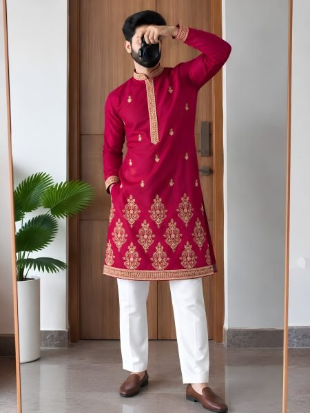 Rani Pink Men   s Royal Silk Kurta with Heavy Embroidery Work For Festival 