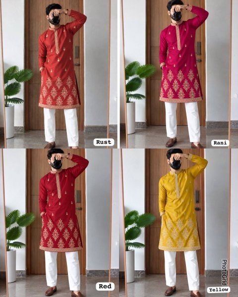 Rani Pink Men   s Royal Silk Kurta with Heavy Embroidery Work For Festival Kurta Pajama Wholesale