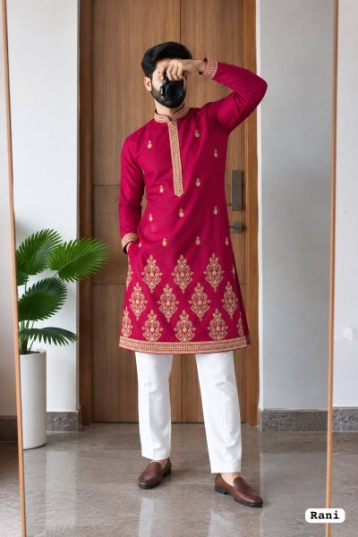 Rani Pink Men   s Royal Silk Kurta with Heavy Embroidery Work For Festival Kurta Pajama Wholesale