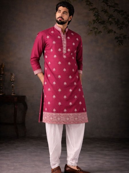 Rani Pink Men's Wedding Kurta with Cotton Salwar and Designer Weaved Work Mens Wear