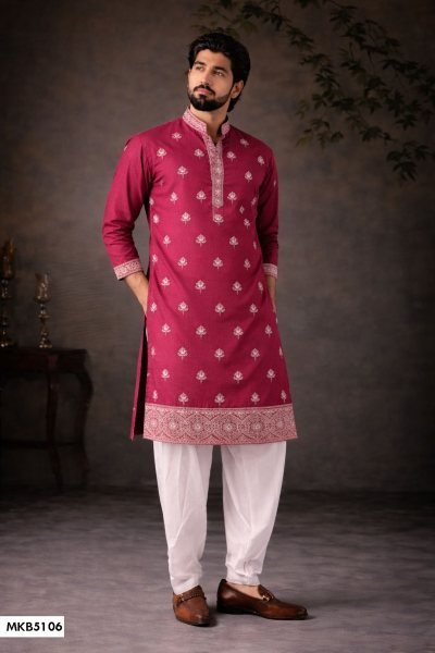 Rani Pink Men's Wedding Kurta with Cotton Salwar and Designer Weaved Work Kurta Pajama Wholesale