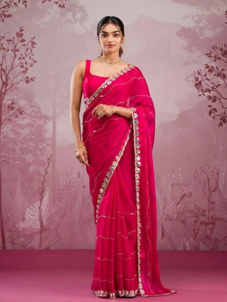 Rani Pink Mirrorwork Jimmy Chu Silk Saree with Embellished Unstitched Blouse Embroidery Sarees Wholesale