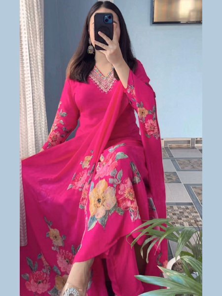 Rani Pink Natural Soft KitKat Silk Suit with Heavy Hand Work at Wholesale Rate 