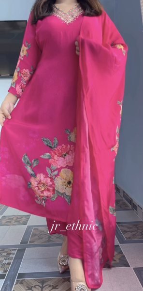 Rani Pink Natural Soft KitKat Silk Suit with Heavy Hand Work at Wholesale Rate Printed Kurtis
