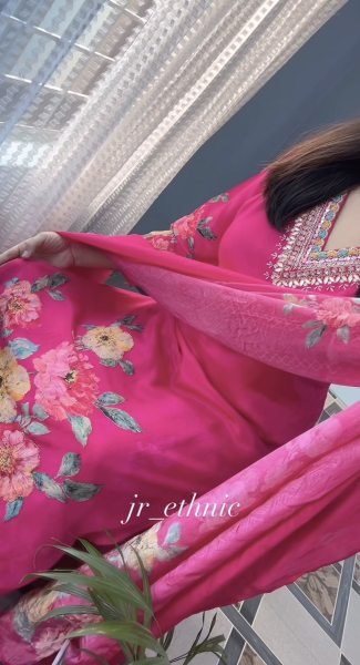 Rani Pink Natural Soft KitKat Silk Suit with Heavy Hand Work at Wholesale Rate Printed Kurtis