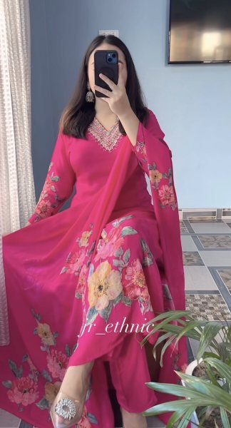 Rani Pink Natural Soft KitKat Silk Suit with Heavy Hand Work at Wholesale Rate Printed Kurtis