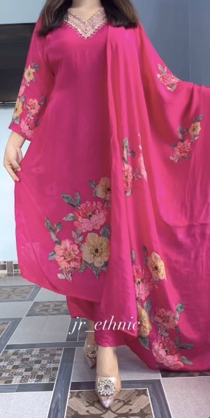 Rani Pink Natural Soft KitKat Silk Suit with Heavy Hand Work at Wholesale Rate Printed Kurtis