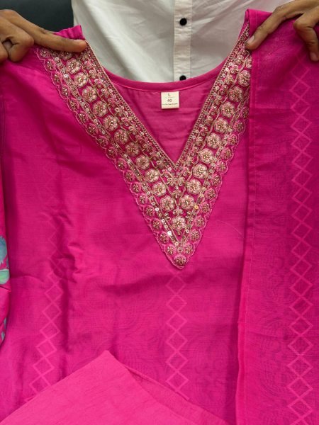 Rani Pink Natural Soft KitKat Silk Suit with Heavy Hand Work at Wholesale Rate Printed Kurtis