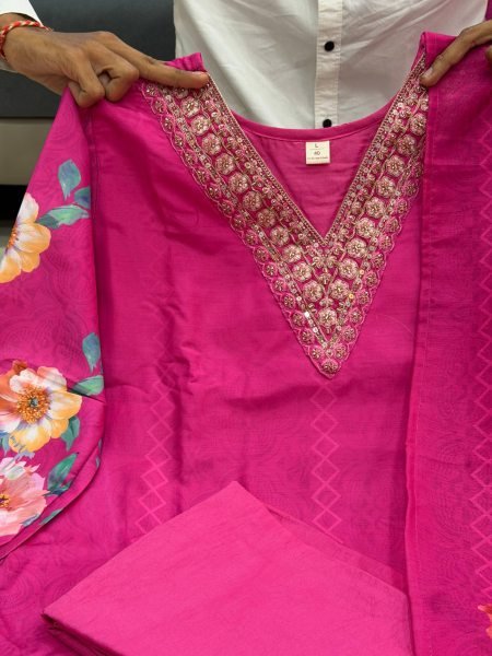Rani Pink Natural Soft KitKat Silk Suit with Heavy Hand Work at Wholesale Rate Printed Kurtis