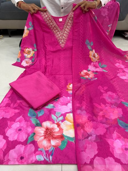 Rani Pink Natural Soft KitKat Silk Suit with Heavy Hand Work at Wholesale Rate Printed Kurtis