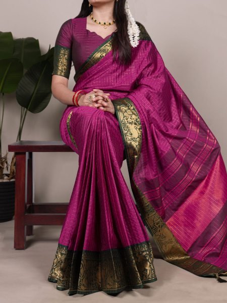 Rani Pink Poly Cotton Chex Saree with Golden Zari Weaving Festive Edition Sarees 