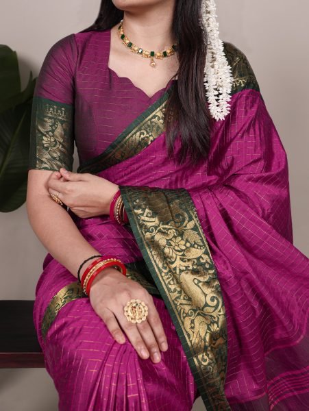 Rani Pink Poly Cotton Chex Saree with Golden Zari Weaving Festive Edition South Indian Saree 