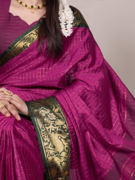 Rani Pink Poly Cotton Chex Saree with Golden Zari Weaving Festive Edition South Indian Saree 