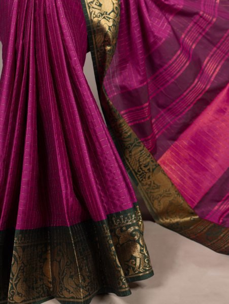 Rani Pink Poly Cotton Chex Saree with Golden Zari Weaving Festive Edition South Indian Saree 