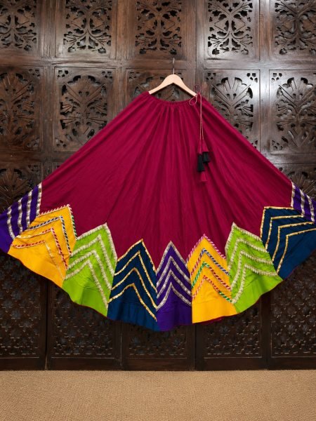 Rani Pink Rayon Cotton Long Skirt with Multi Patch Work and Heavy Lace Detailing Shop by Occasion
