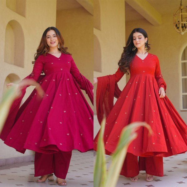 Rani Pink Roman Silk Anarkali Suit with Heavy Embroidery Work and Chanderi Silk Dupatta Ready To Wear Collection