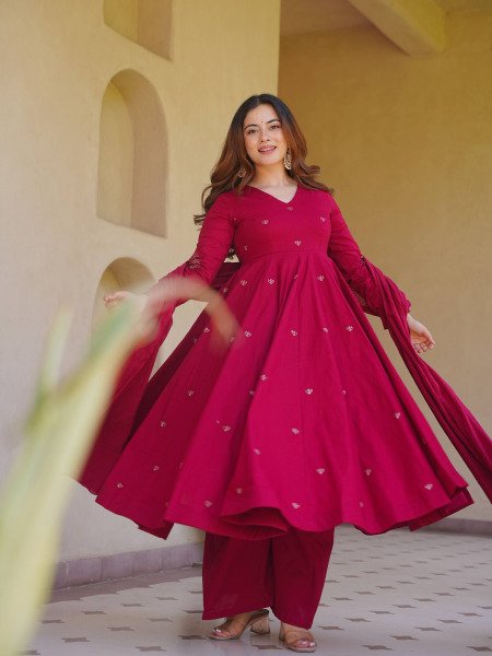 Rani Pink Roman Silk Anarkali Suit with Heavy Embroidery Work and Chanderi Silk Dupatta Ready To Wear Collection