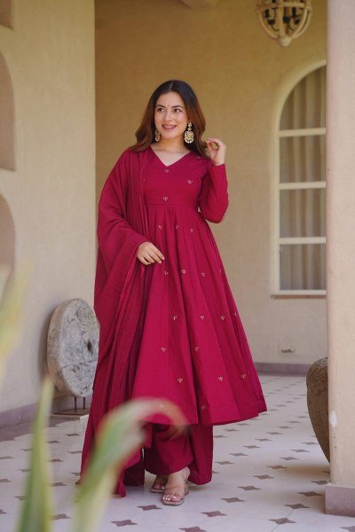 Rani Pink Roman Silk Anarkali Suit with Heavy Embroidery Work and Chanderi Silk Dupatta Ready To Wear Collection