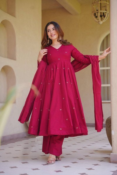 Rani Pink Roman Silk Anarkali Suit with Heavy Embroidery Work and Chanderi Silk Dupatta Ready To Wear Collection
