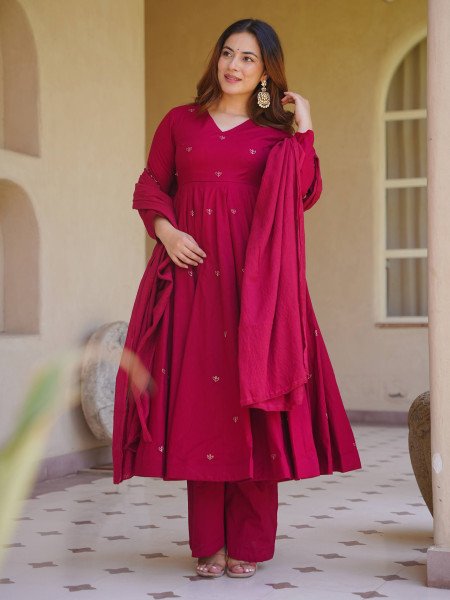 Rani Pink Roman Silk Anarkali Suit with Heavy Embroidery Work and Chanderi Silk Dupatta Ready To Wear Collection