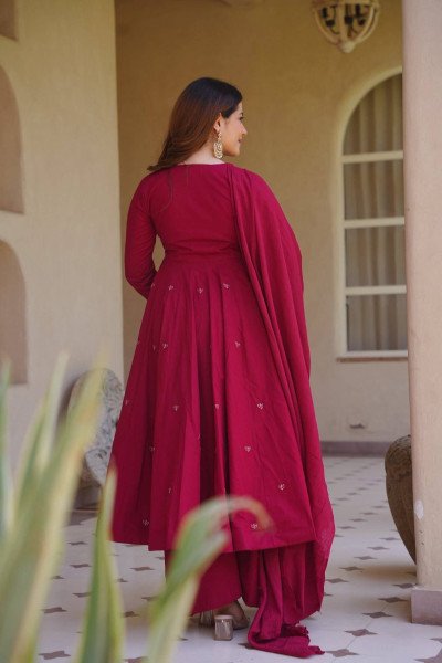 Rani Pink Roman Silk Anarkali Suit with Heavy Embroidery Work and Chanderi Silk Dupatta Ready To Wear Collection