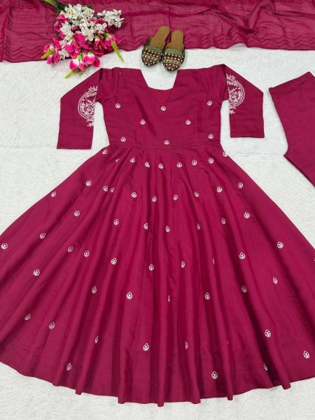 Rani Pink Roman Silk Anarkali Suit with Heavy Embroidery Work and Chanderi Silk Dupatta Ready To Wear Collection