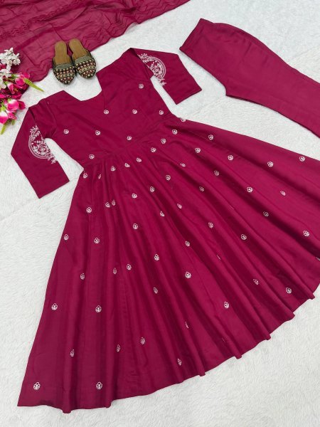 Rani Pink Roman Silk Anarkali Suit with Heavy Embroidery Work and Chanderi Silk Dupatta Ready To Wear Collection