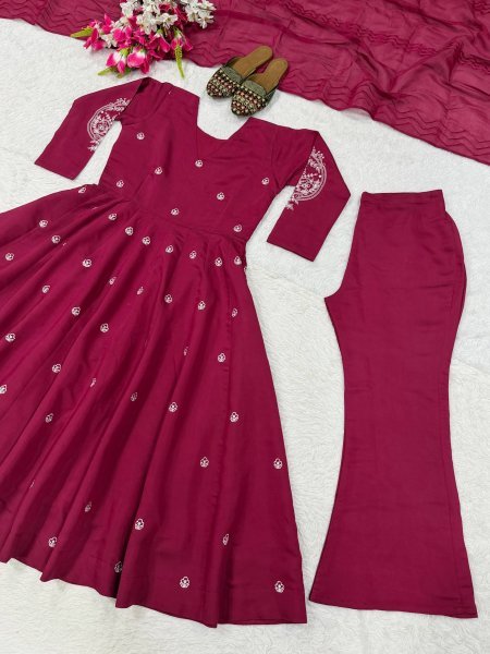 Rani Pink Roman Silk Anarkali Suit with Heavy Embroidery Work and Chanderi Silk Dupatta Ready To Wear Collection
