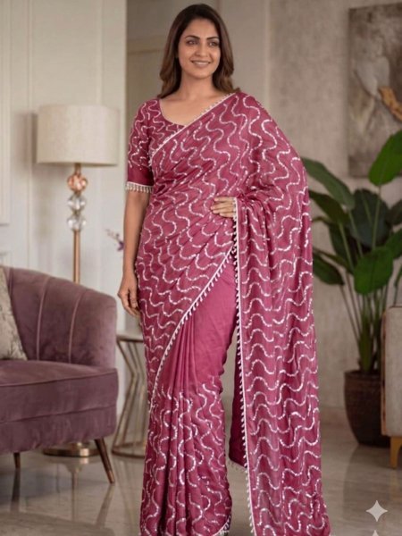 Rani Pink Satin Saree with Pearl Border and Heavy Embroidery for Reception Wear Sarees 