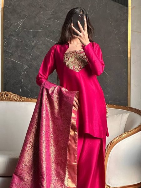 Rani Pink Satin Silk Pakistani Farshi Suit with Embroidered Neck and Banarasi Dupatta  Ready To Wear Suit
