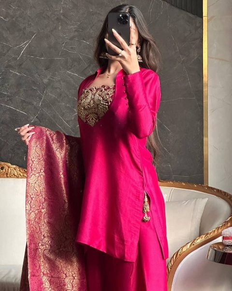 Rani Pink Satin Silk Pakistani Farshi Suit with Embroidered Neck and Banarasi Dupatta  Ready To Wear Collection