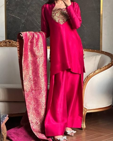 Rani Pink Satin Silk Pakistani Farshi Suit with Embroidered Neck and Banarasi Dupatta  Ready To Wear Collection
