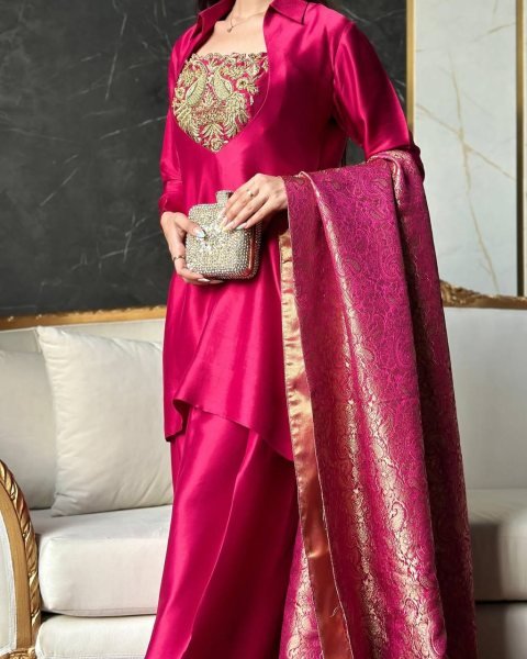 Rani Pink Satin Silk Pakistani Farshi Suit with Embroidered Neck and Banarasi Dupatta  Ready To Wear Collection