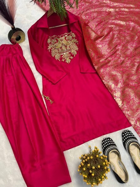 Rani Pink Satin Silk Pakistani Farshi Suit with Embroidered Neck and Banarasi Dupatta  Ready To Wear Collection