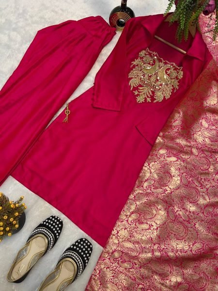 Rani Pink Satin Silk Pakistani Farshi Suit with Embroidered Neck and Banarasi Dupatta  Ready To Wear Collection
