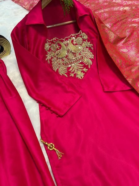 Rani Pink Satin Silk Pakistani Farshi Suit with Embroidered Neck and Banarasi Dupatta  Ready To Wear Collection