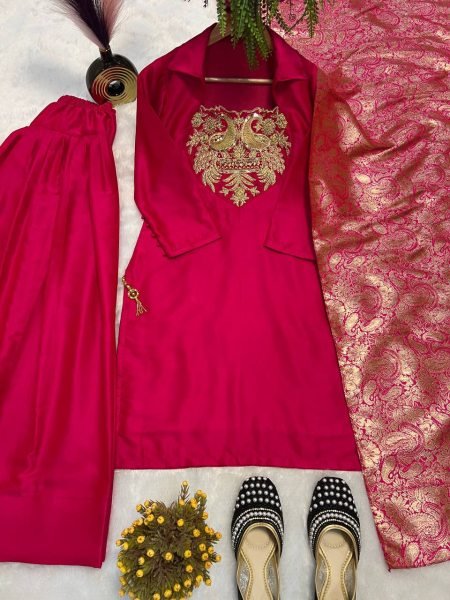 Rani Pink Satin Silk Pakistani Farshi Suit with Embroidered Neck and Banarasi Dupatta  Ready To Wear Collection