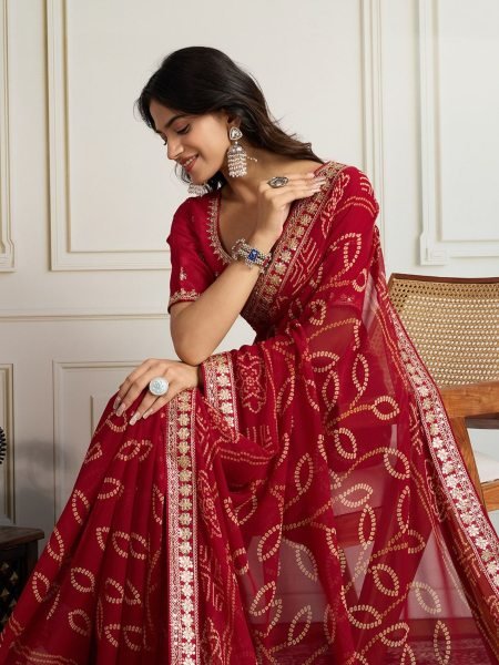 Rani Red Georgette Bandhej Saree with Heavy Border Traditional Celebration Sarees 
