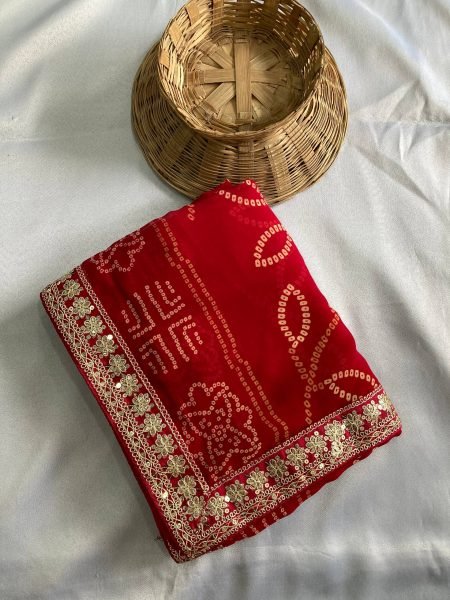 Rani Red Georgette Bandhej Saree with Heavy Border Traditional Celebration Bandhej Sarees Wholesale